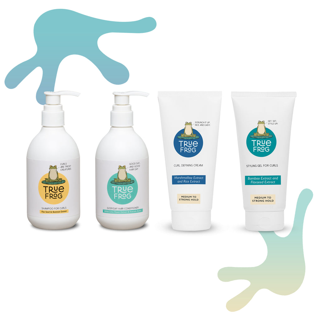 Shampoo for curls (250ml), Everyday Hair Conditioner (250ml), Curl Defining Cream (150ml) ,Styling Gel for Curls(150ml)