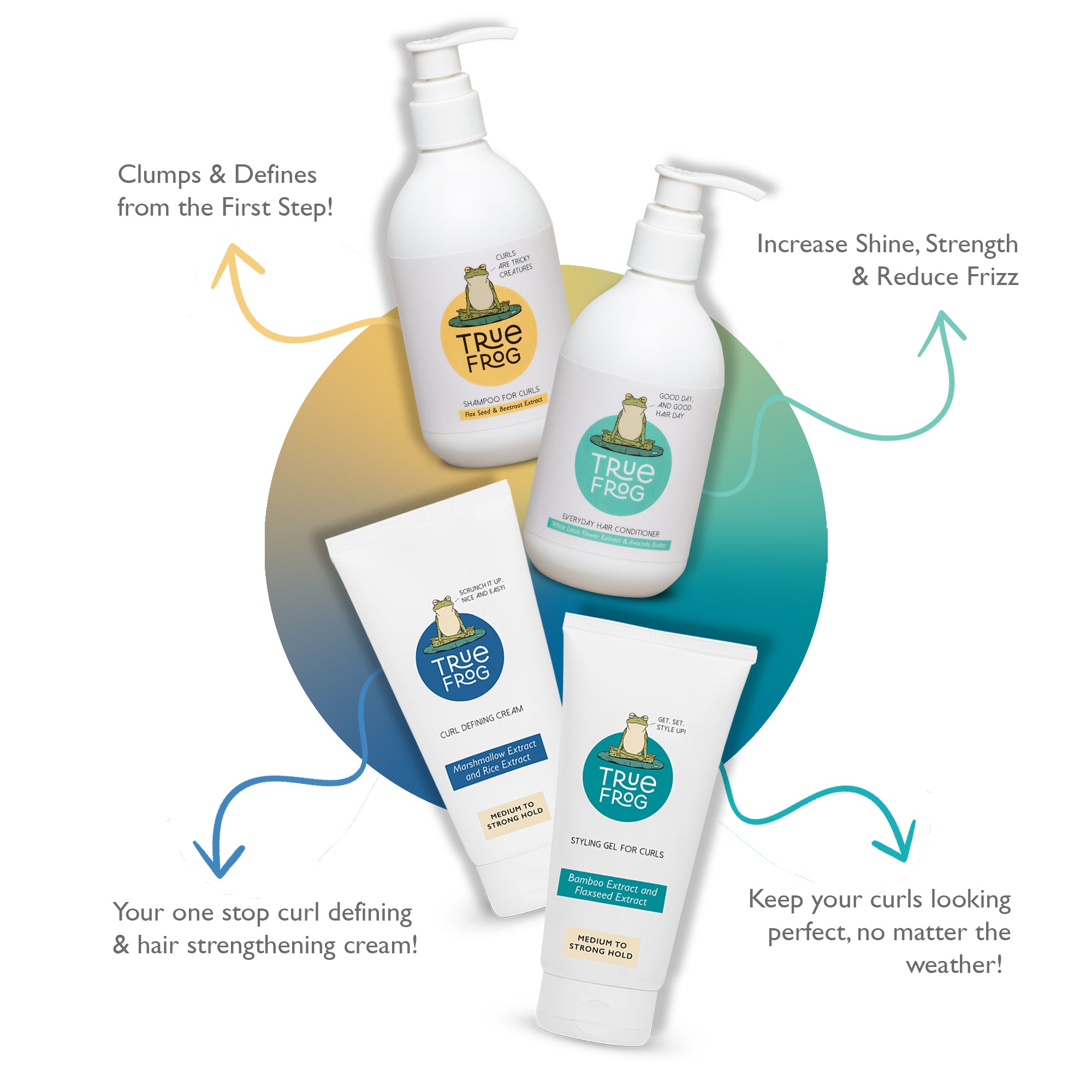 Shampoo for curls (250ml), Everyday Hair Conditioner (250ml), Curl Defining Cream (150ml) ,Styling Gel for Curls(150ml)