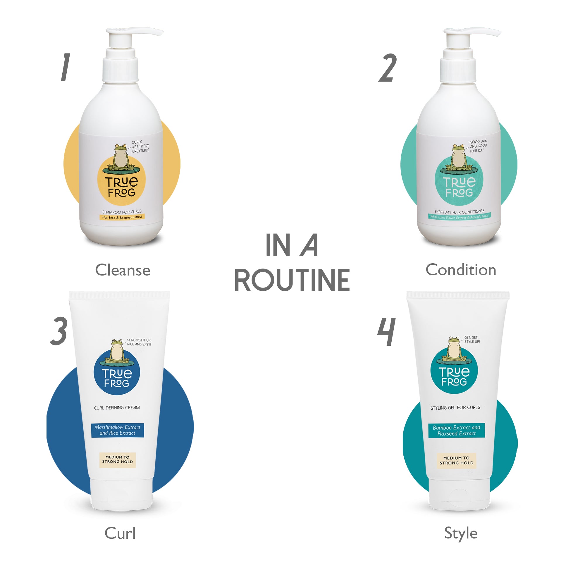 Shampoo for curls (250ml), Everyday Hair Conditioner (250ml), Curl Defining Cream (150ml) ,Styling Gel for Curls(150ml)